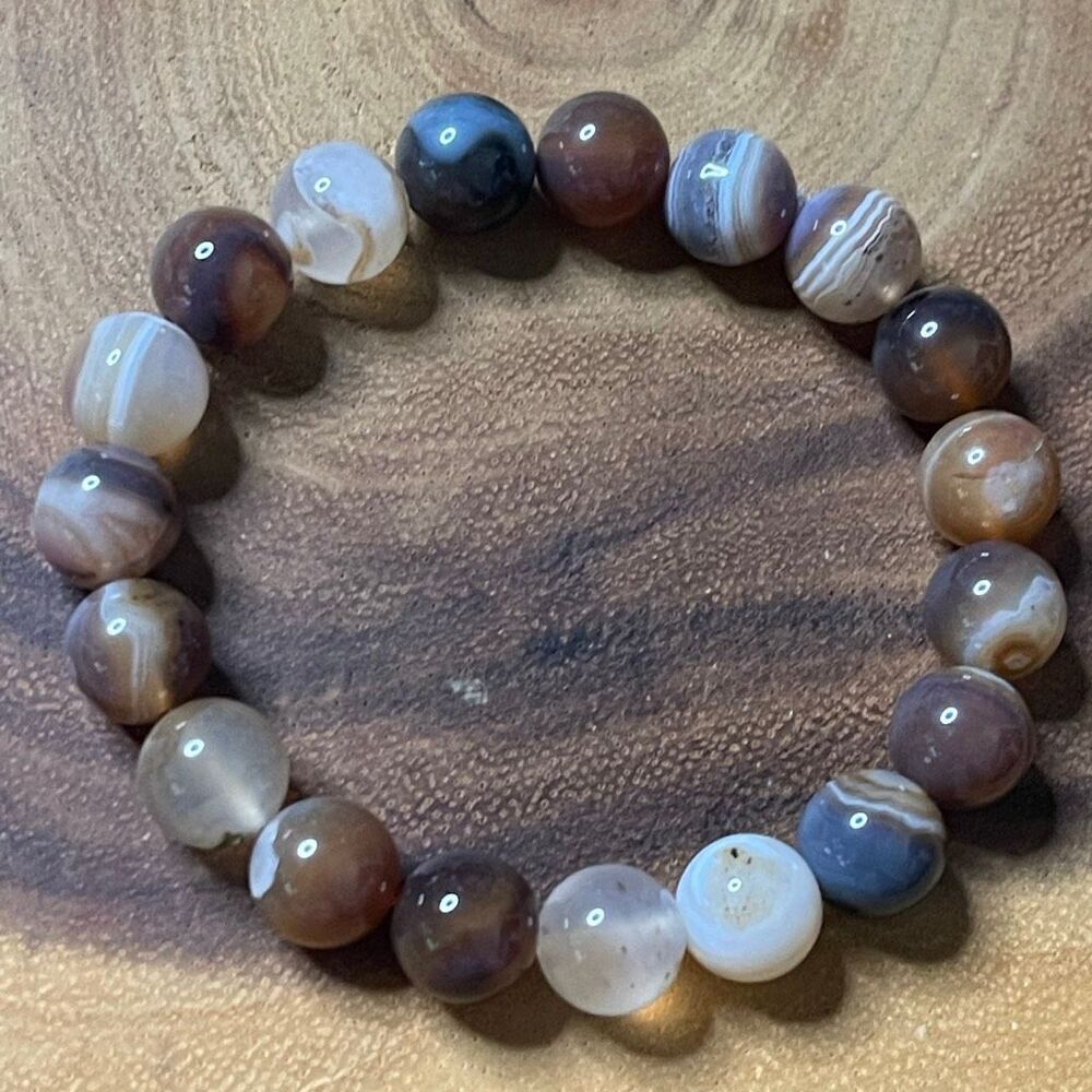 Botswana Agate beaded 10mm beads stretch bracelet striped natural dendrites dend